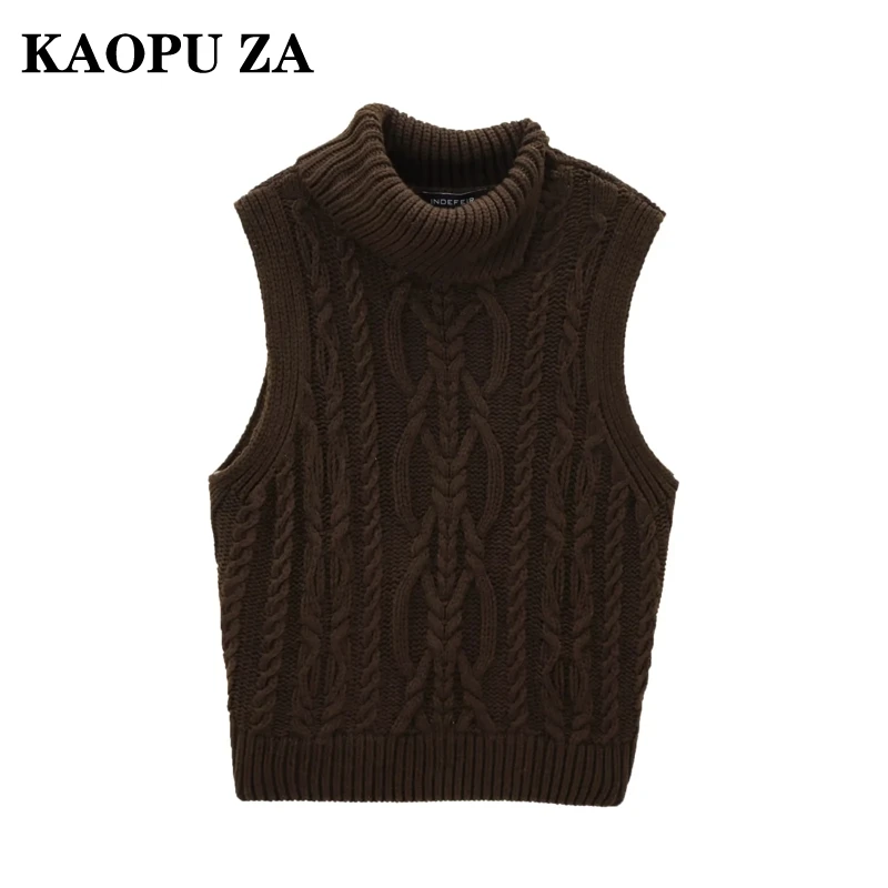 KAOPU ZA 2024 Autumn Woman's Casual Stand Collar Solid Color Sweater Vest Female Fashion Sleeveless Knit Screw Thread Gilet Top