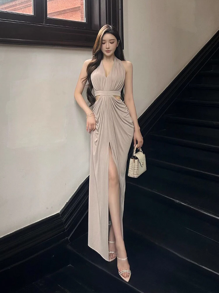

High Quality Slit Halter Neck V-neck Dress Spring Women Sleeveless Hollow-out Wrinkle Dress High Waist Slim Knee Length Dress