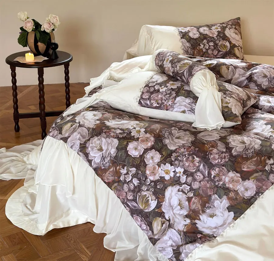 Vintage pastoral flower brown coffee bedding set,full queen king fairyfair cotton home textile bed sheet pillow case quilt cover