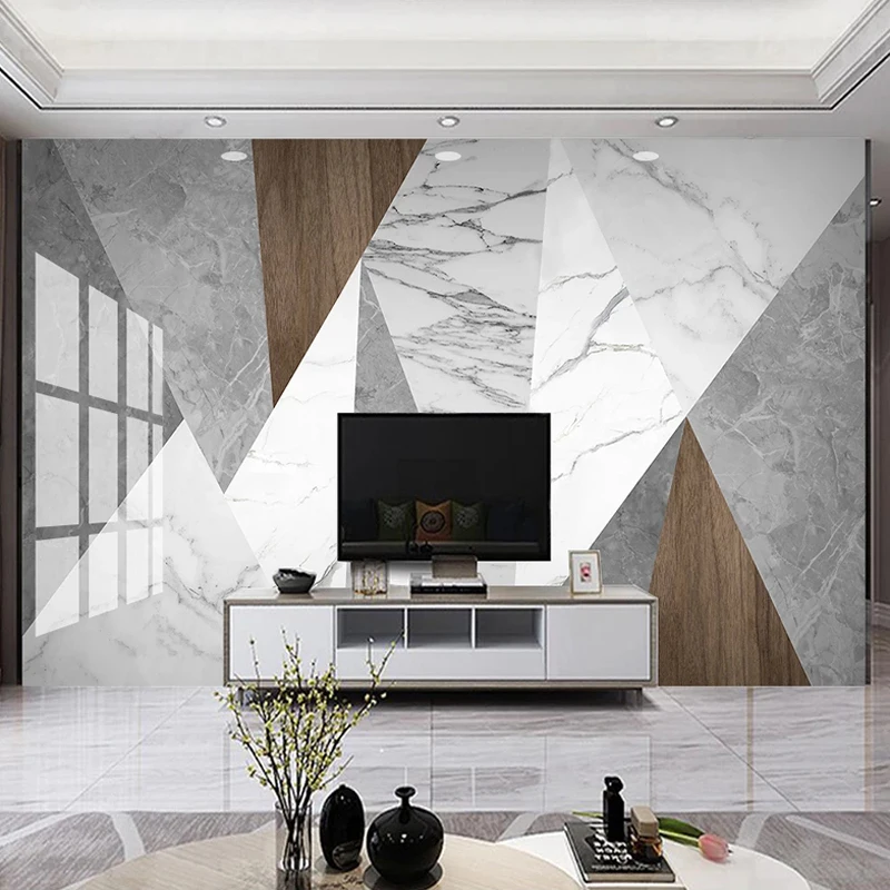 Custom 3D Modern White Marble Wood Grain Geometric Living Room TV Wall Mural Wallpaper for Bedroom Hallway Office Decoration