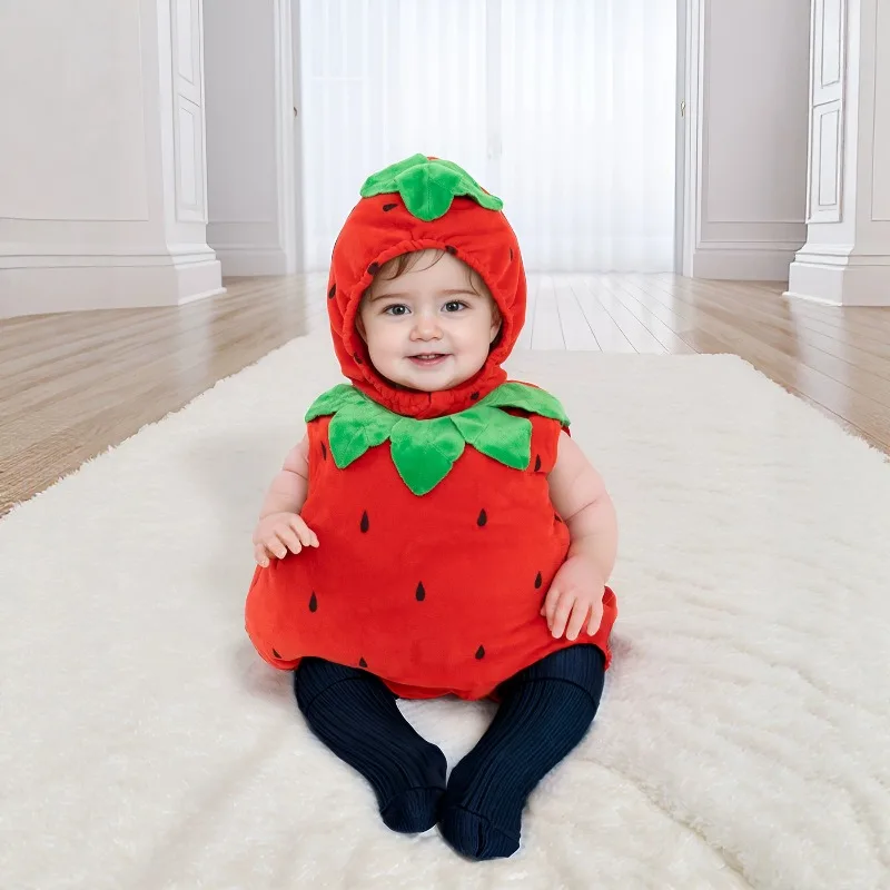 Newborn Baby Strawberry Romper Hooded Bodysuit Cartoon Fruit Onesie Toddler Warm Winter Costume Jumpsuit Playsuit
