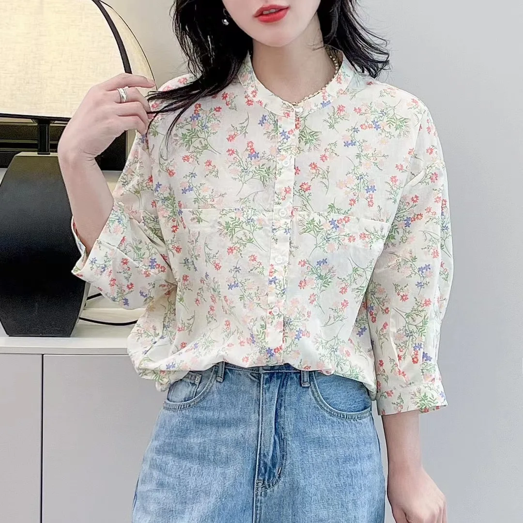 New Spring Cotton Sweet Shirts Women 3/4 Sleeve Floral Printed Tops Girl Casual Loose Elegant Blouses 2024 Summer T44391QM