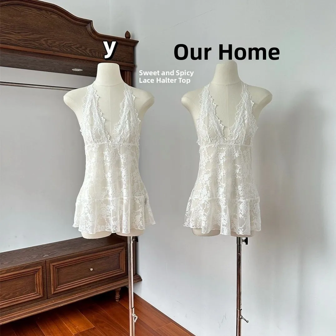 Vestido tipo camiseta sin mangas con cuello halter y encaje retro para mujer, versátil para capas, moda de verano, cuello en V, sin mangas, otros modelos.