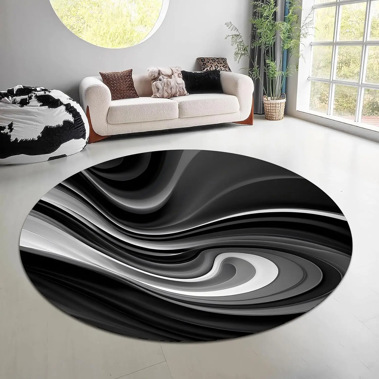 3D Optical Illusion Round Mat Black White Grey Area Carpet Fluid Abstract Wavy Swirl Living Room Armchair Floor Rug