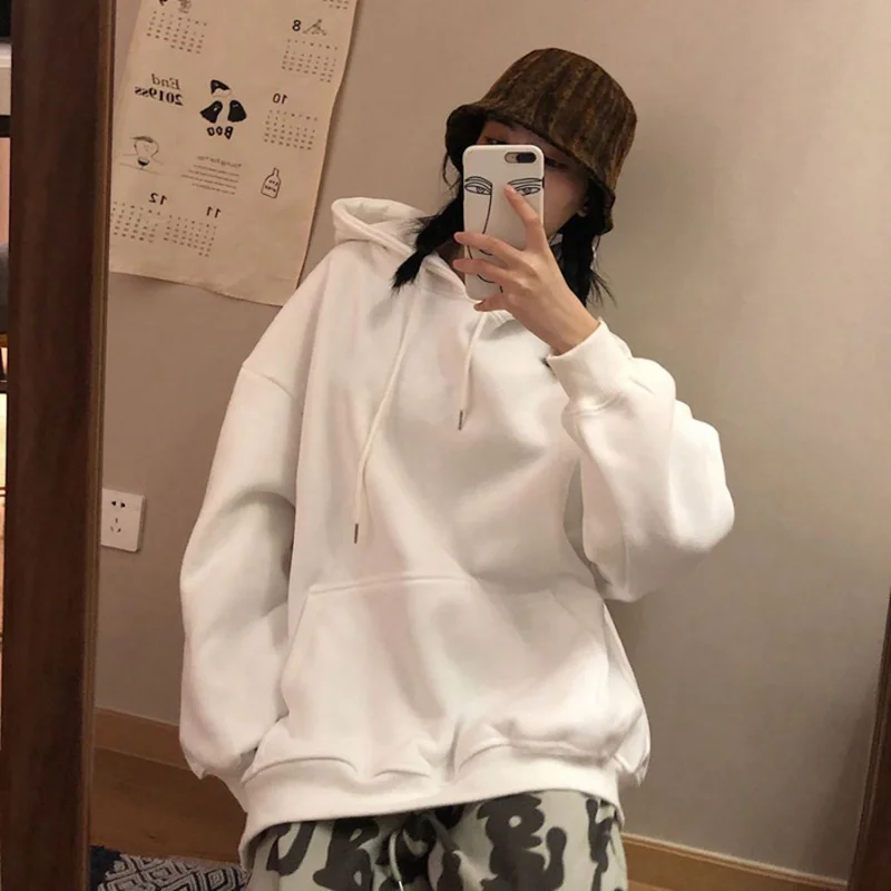 QWEEK Harajuku Oversized Hoodie Women Korean Style White Sweatshirt Preppy Black Pullover Hip Hop Cotton Hooded Streetwear Trend