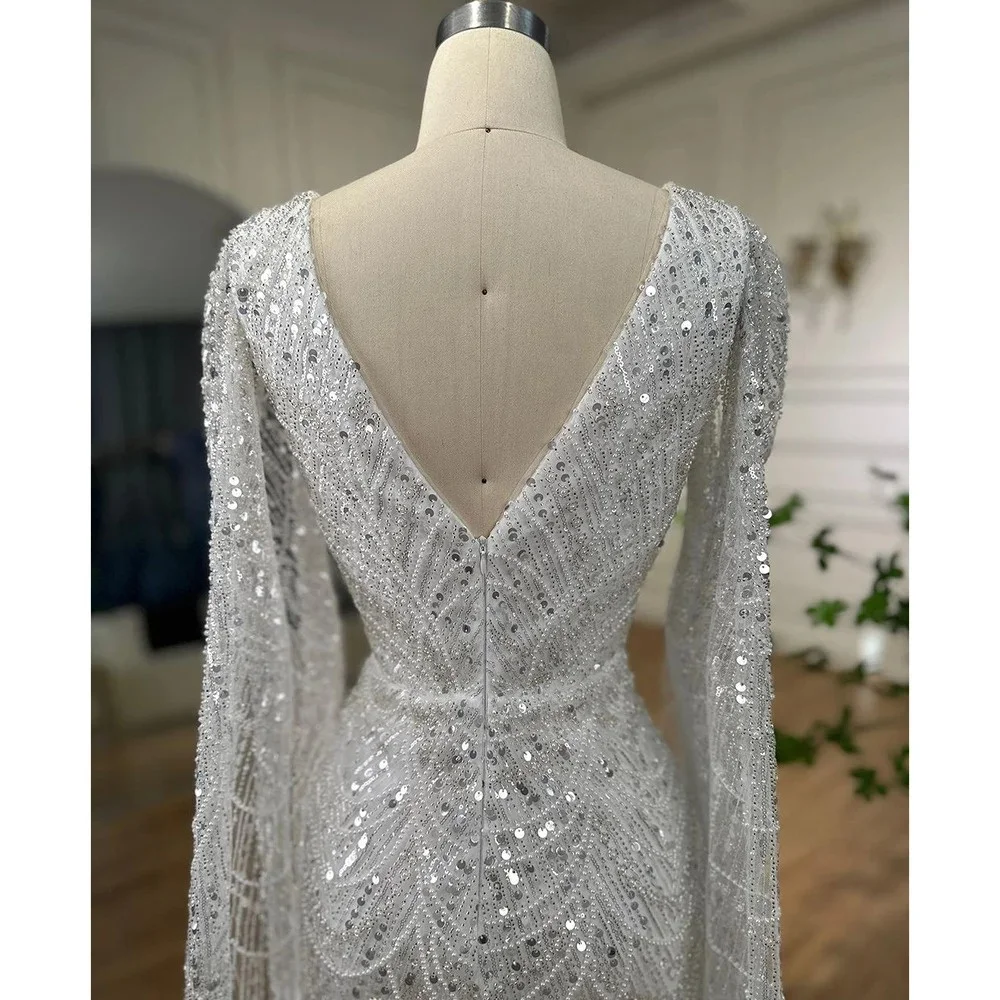 BRLMALL Beaded Bride Dress With Long Cape Sleeves, Elegant V Neck Mermaid Wedding Dresses, Mermaid Bridal Gown With Crystals