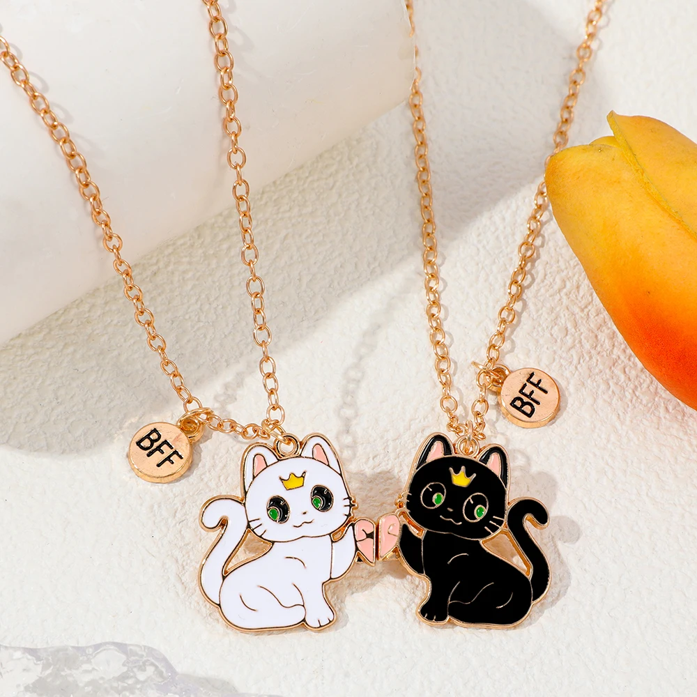 2 buah kalung mainan kucing kartun kawaii untuk sahabat terbaik, aksesoris persahabatan modis untuk anak perempuan, hadiah
