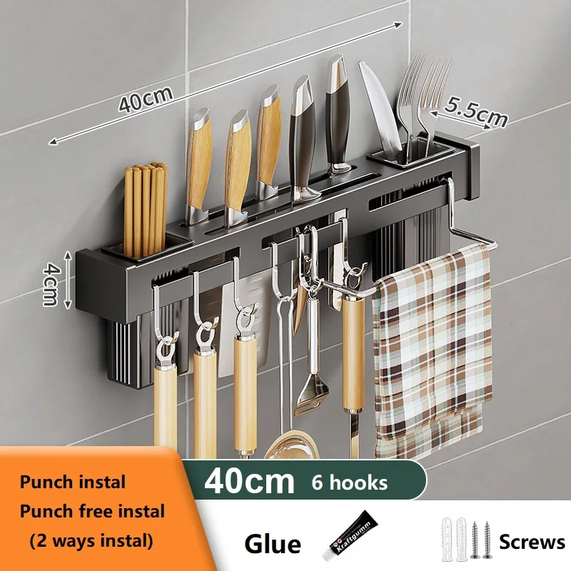 ステンレス製キッチン用品ラック、ウォールマウント、多目的ハンギングストレージ、ナイフホルダー、15.7インチ