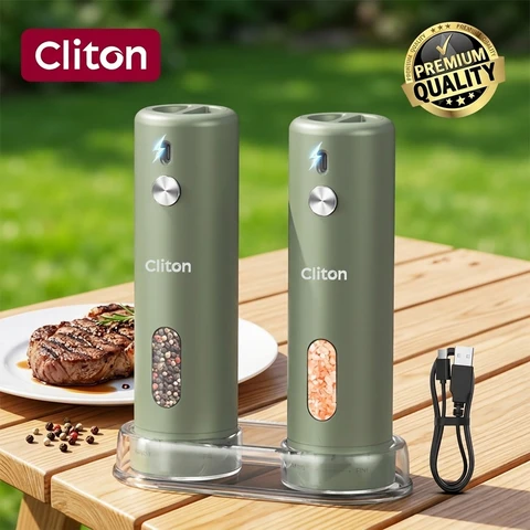 Cliton Rechargeable Electric Salt and Pepper Grinder Set Automatic Pepper Mills with 110ml Container, External Adjustment