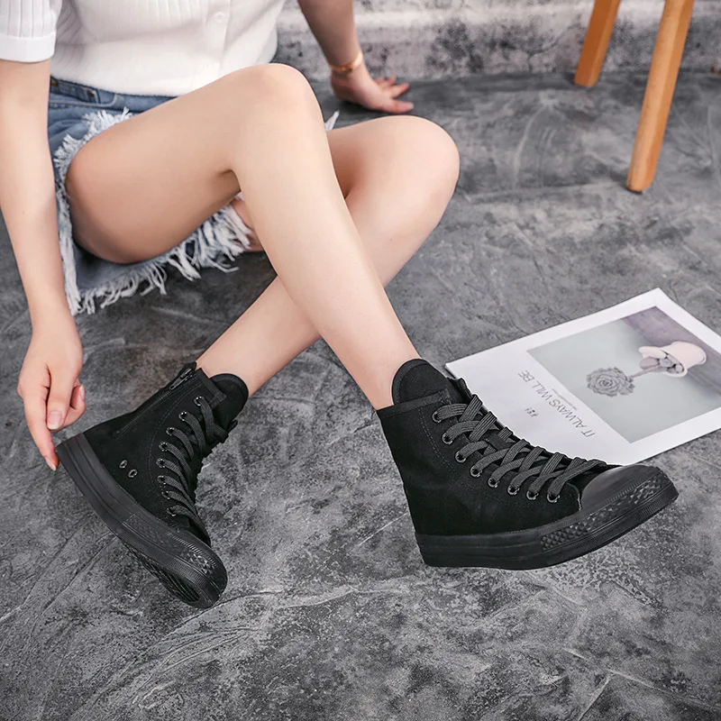 

Spring new high-top inner heightening casual soft sole lace-up canvas shoes side zipper large size plush flat women's shoes