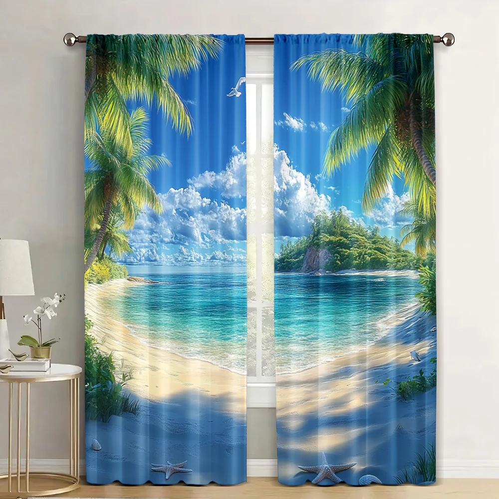

2pc, Curtain Summer Beach and Ocean Fun Light Filter Festive Holiday Perfect for Room/bedroom/Window Decor