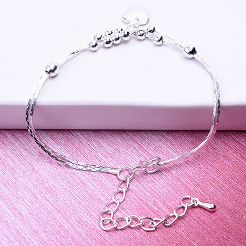 Fashion Silver Plated Charm Fine Bracelet Sweet Love Heart And Metal Ball Bracelets Women Girls Birthday Valentine's Day Gift
