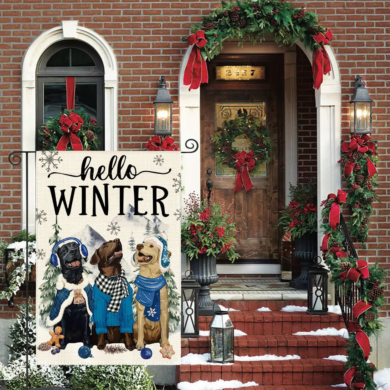 AVOIN colorlife Hello Winter Dog Garden Flag 12x18 Inch Double Sided Outside, Snowflake Seasonal Rustic Yard Outdoor Flag WW zzo