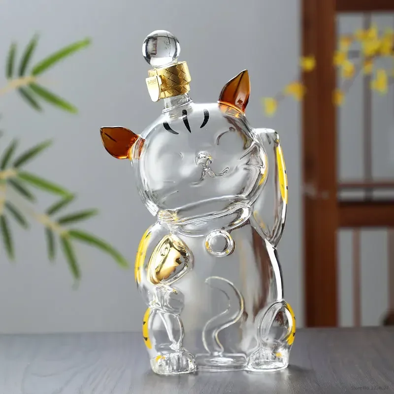 Lucky Cat Shaped Wine Glass Bottle, Lead-Free Glass Barware, Whiskey Decanter, Home Drinkware, Liquor, Scotch Bourbon, 1000ml