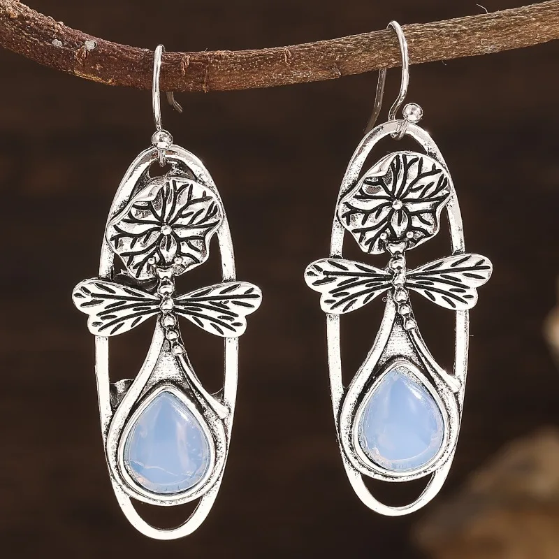 

Vintage Round Oval Inlaid Blue Stone Leaf Earrings Geometric Creativity Silver Color Dangle Earrings for Women Jewelry