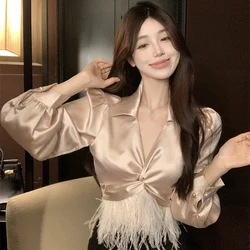 Women Elegant Satin Sexy V-neck Shirt Women's Design Feather Slim Fit Short Top Short Women's Shirt Coat Women's