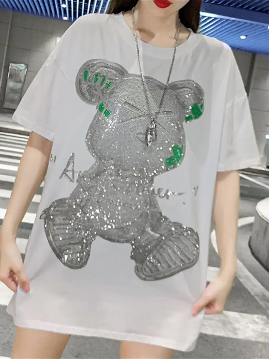 4XL Diamonds Bear Print Tshirt Streetwear Loose Summer Cotton T Shirt Women Harajuku Punk Short Sleeve Tops Tee Hip Hop Tshirts