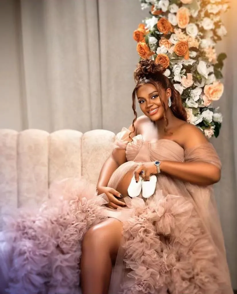 Vestidos de maternidade de tule com babados inchados para sessões de fotos, robe de tule fofo, vestidos de baile de noiva, vestido longo em camadas elegante