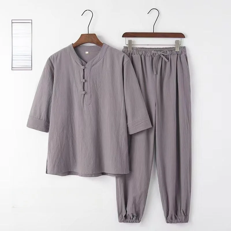 

Cotton Linen Casual Loose Fit Summer Thin Long Pants Seven Sleeve Tops And Bottoms Two-Piece Set Men's Wear Autumn Season