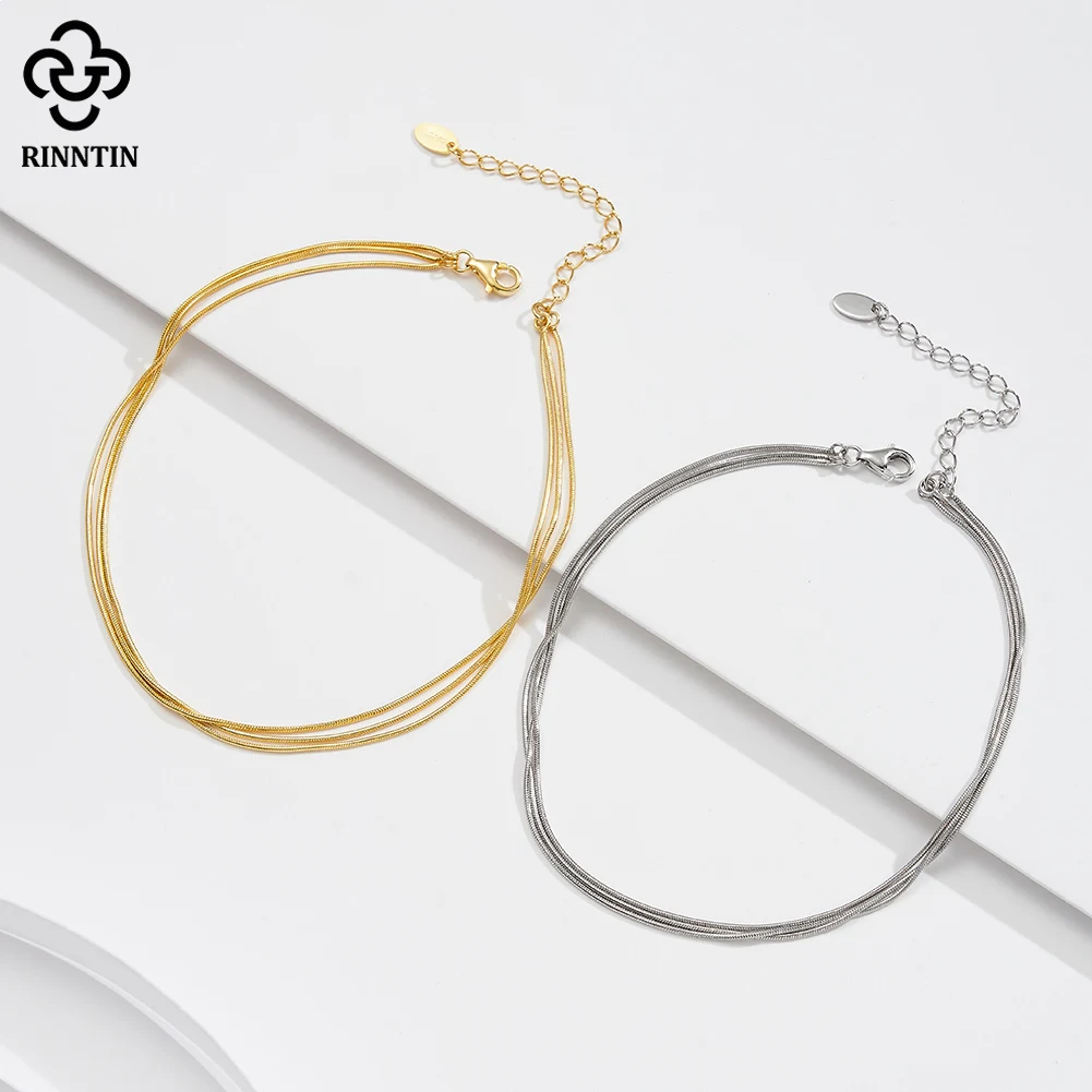Rinntin Genuine 925 Sterling Silver Layers Round Snake Chain Anklet for Women Summer Punk Silver Ankle Jewelry SA76