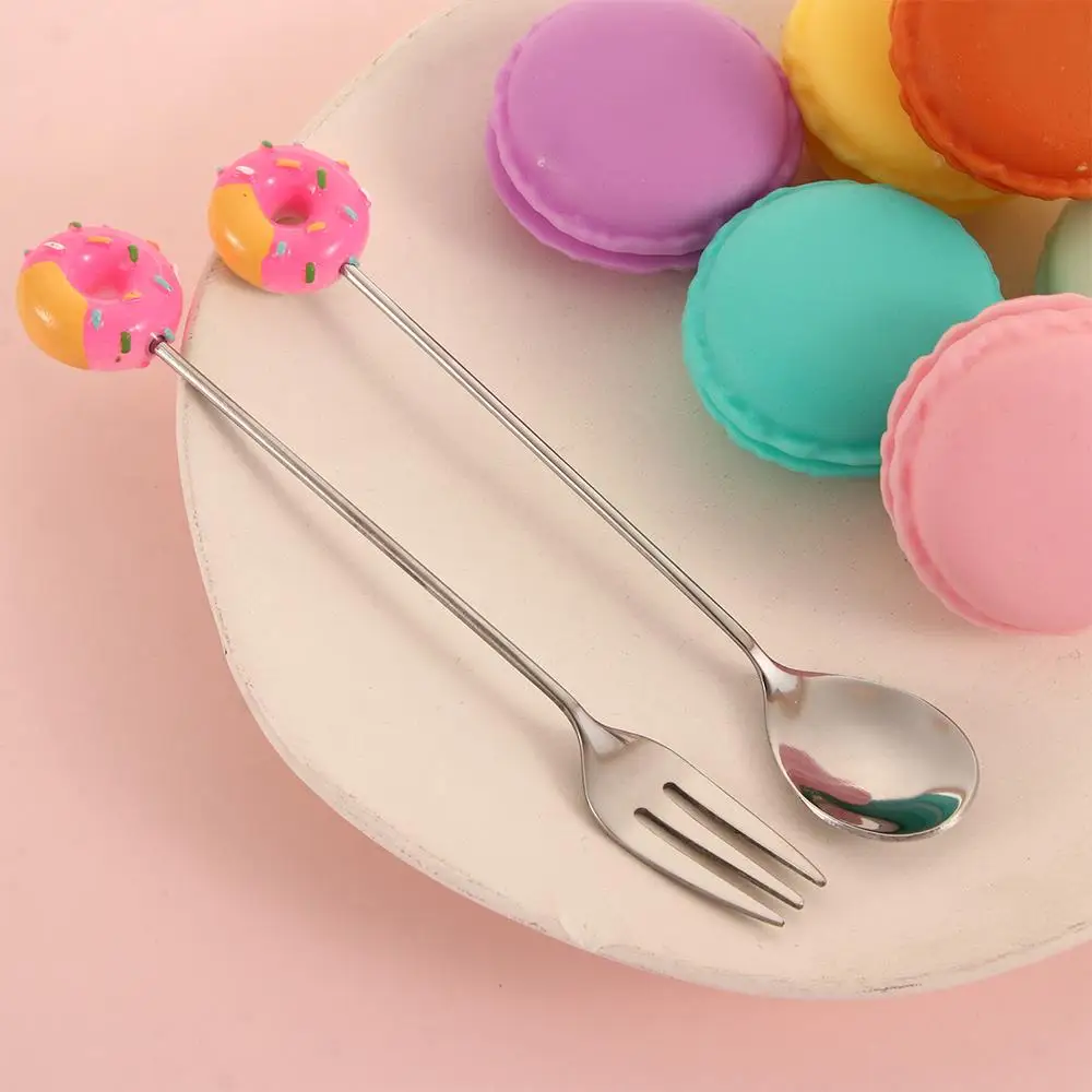 1/4Pcs High Quality Stainless Steel Coffee Spoon Cute Doughnut Dessert Spoon Fork Kitchen Flatware Baby Kids Dinnerware