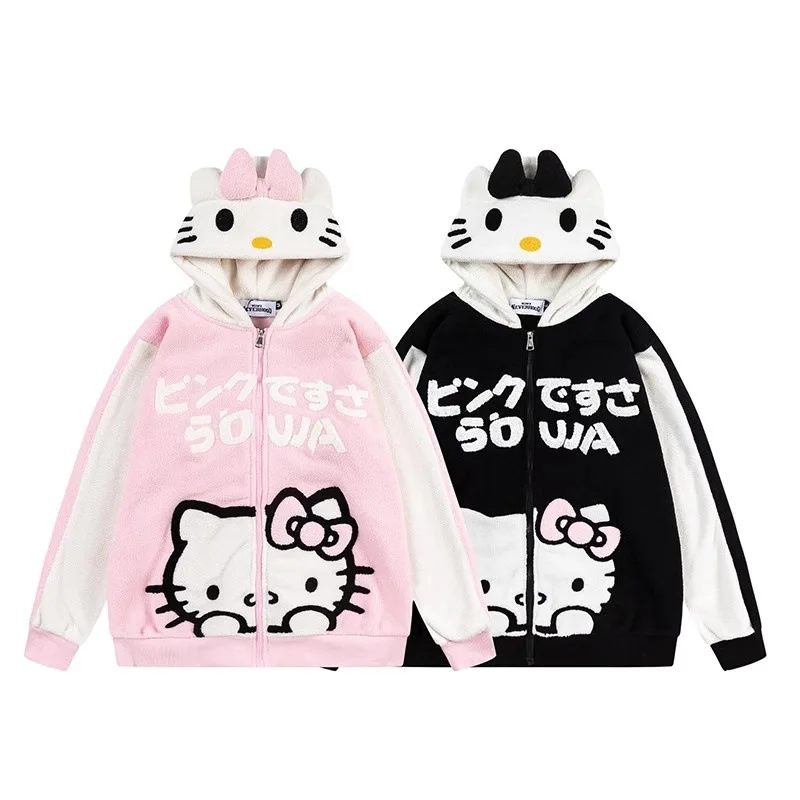 Simpatico dolce Hello Kitty nuovo caldo felpa in velluto con cappuccio cappotto Kawaii Cartoon autunno inverno cardigan oversize giacca esterna in