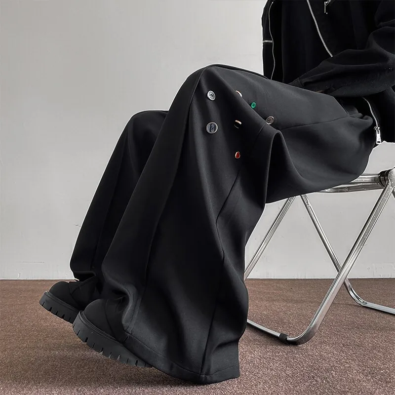 Fashion Black Casual Pants Men Buttons Design High Street Hip-hop Wide Leg Mopping Trousers All-match Casual Korean Style