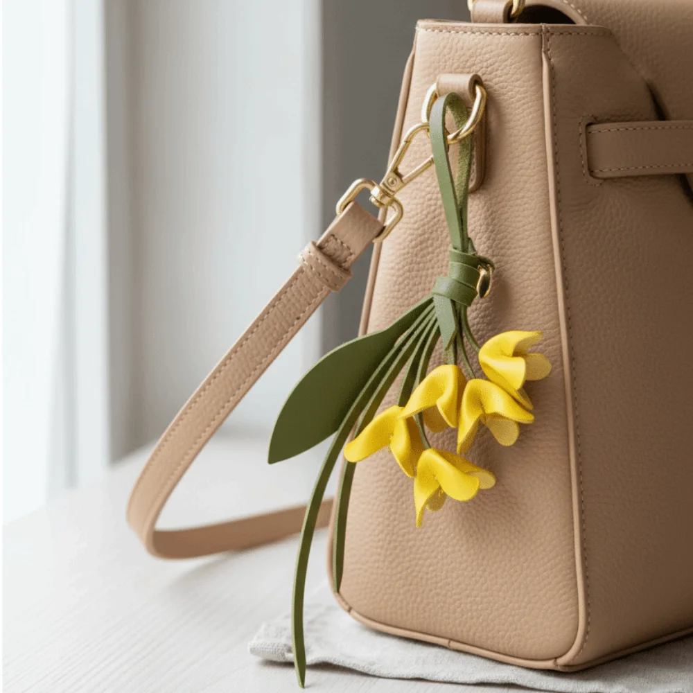 Cute Hanger Flower Pu Leather Pendant Car Keyring Handmade Leather Keychain Cartoon Creative Bag Pendant Women