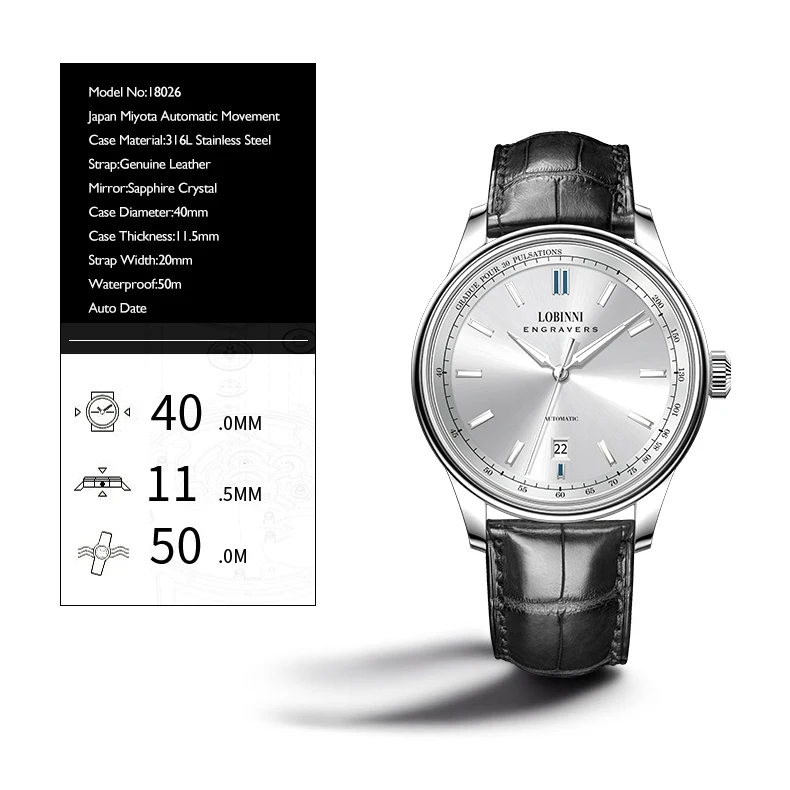 LOBINNI Orologi automatici da uomo 40MM Orologio di lusso 50M Orologio da polso meccanico impermeabile Cinturino in pelle zaffiro Quadrante semplice Data