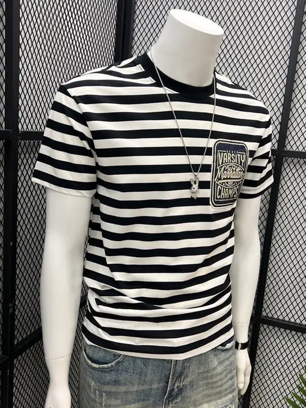 2024 Summer New Men\'s Cotton T-shirt Men\'s Striped Short-sleeved T-shirt Men\'s Stretch Top Men\'s Fashion Shirt Men