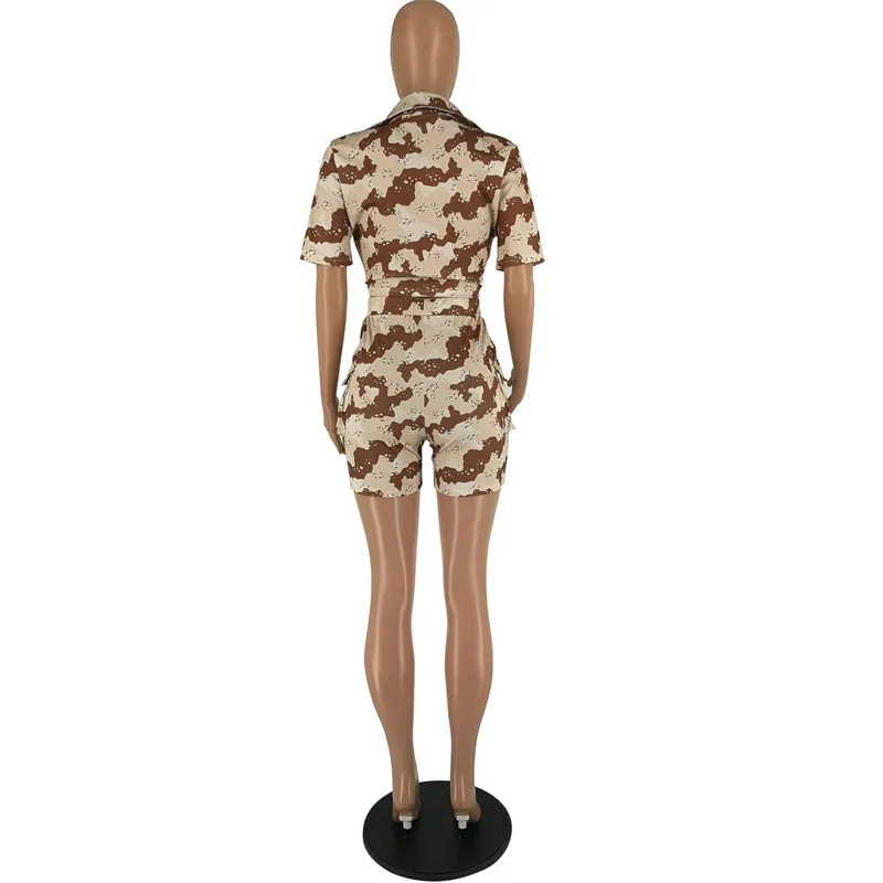 Camouflage Print Short Sets Women 2 Piece Set Outfit Streetwear Pockets Button Shirt Top and Cargo Shorts Casual Matching Sets