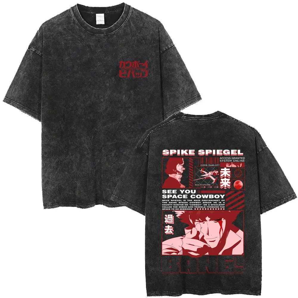 Washed Vintage Anime Cowboy Bebop Spike Spiegel See You Space Cowboy Graphic T-shirt Men Women Manga Retro Oversized T Shirts