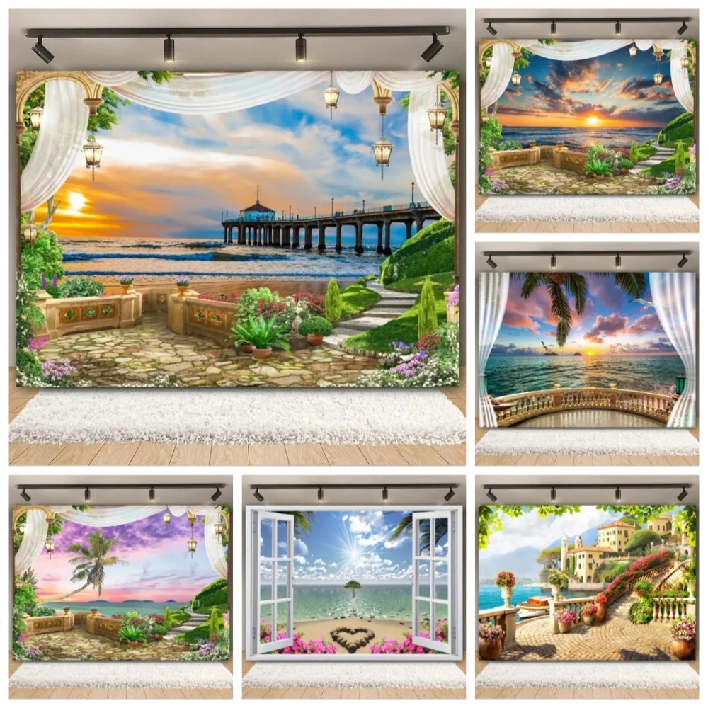 

Summer Palace Balcony Curtains Tropical Beach Theme Background, Children Adult Birthday Party Decoration Photography Background