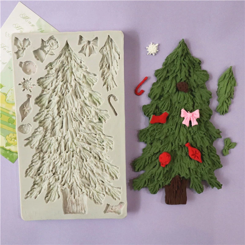 Christmas Tree Fondant Mold For Cake Decoration 3D Xmas Snowflake Holly Leaves Silicone Mould Polymer Clay Crafts Kitchen Tools