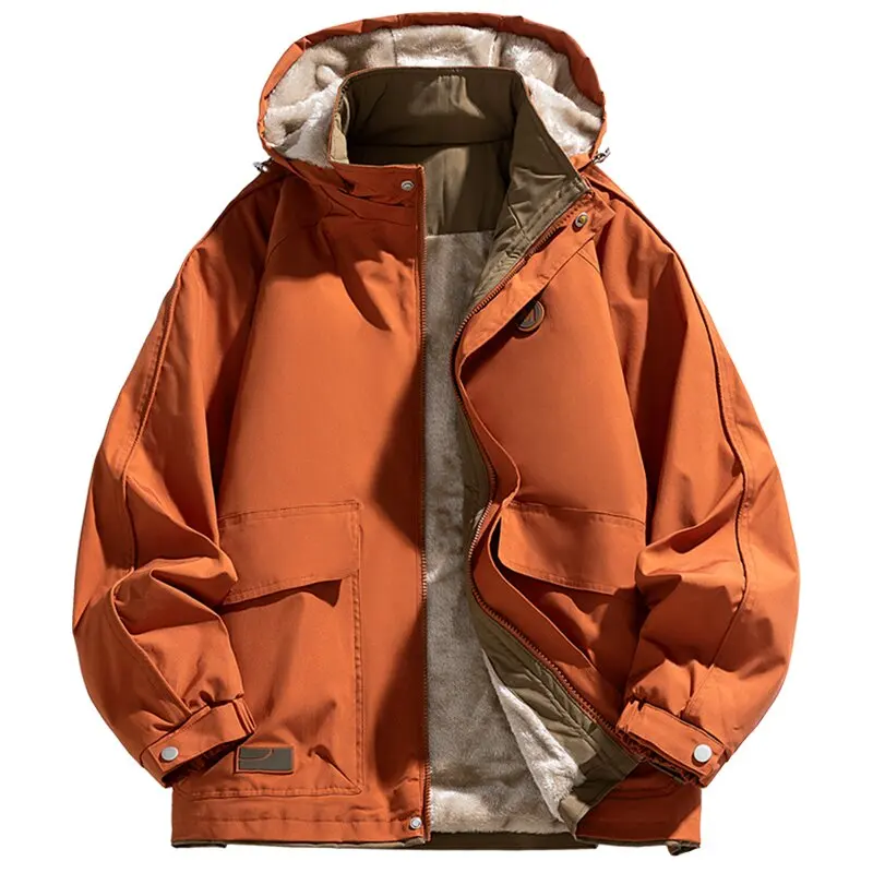 Winter New Fashion Trend With Thick Velvet Insulation Workwear Jacket For Men's Casual Loose Sports Windproof Hooded Jacket 8XL