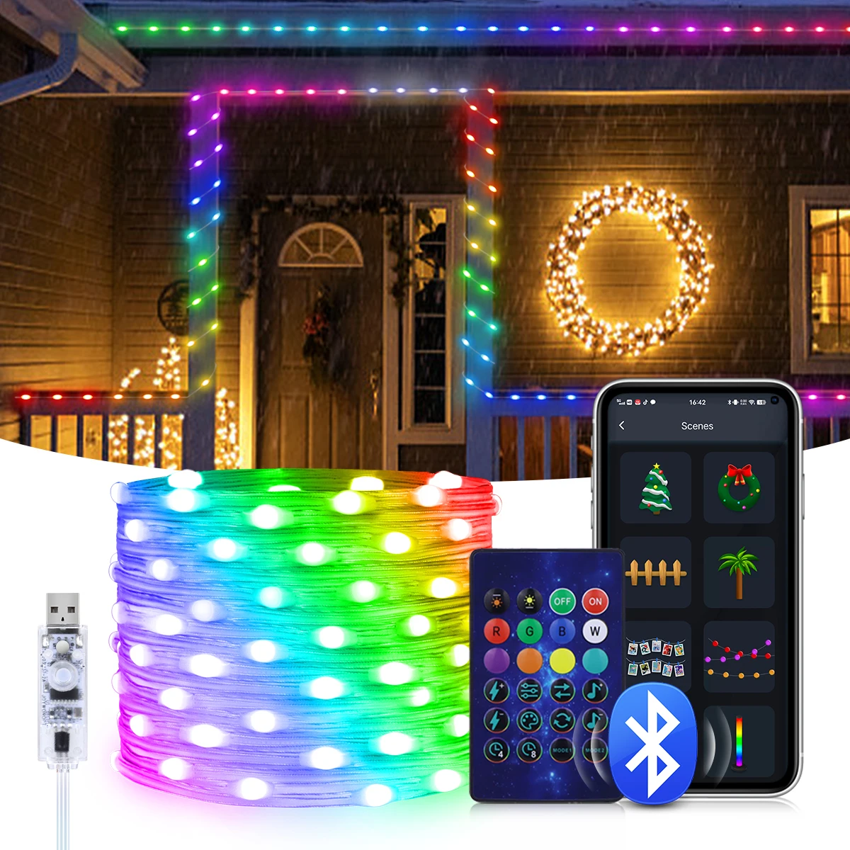 5M 10M 20M 5V RGBIC Dream Color LED Fairy Lights USB LED Copper Wire String Light Bluetooth Colorful Christmas Tree Decor Lamp