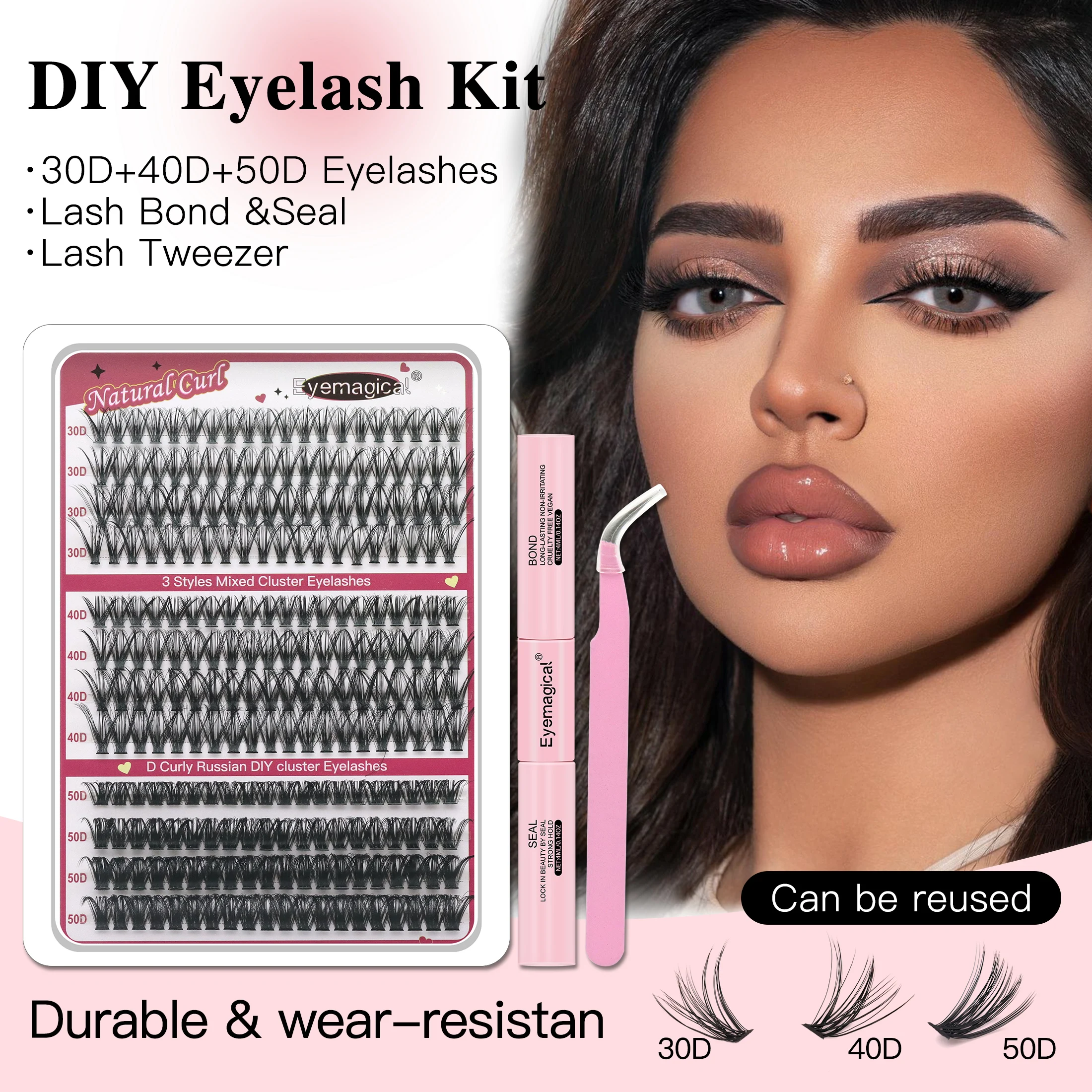Profesjonalny zestaw do samodzielnego montażu kęp rzęs z klejem, uszczelniaczem i aplikatorem, wysokiej jakości zestaw do przedłużania rzęs metodą kęp, w formie tacki.