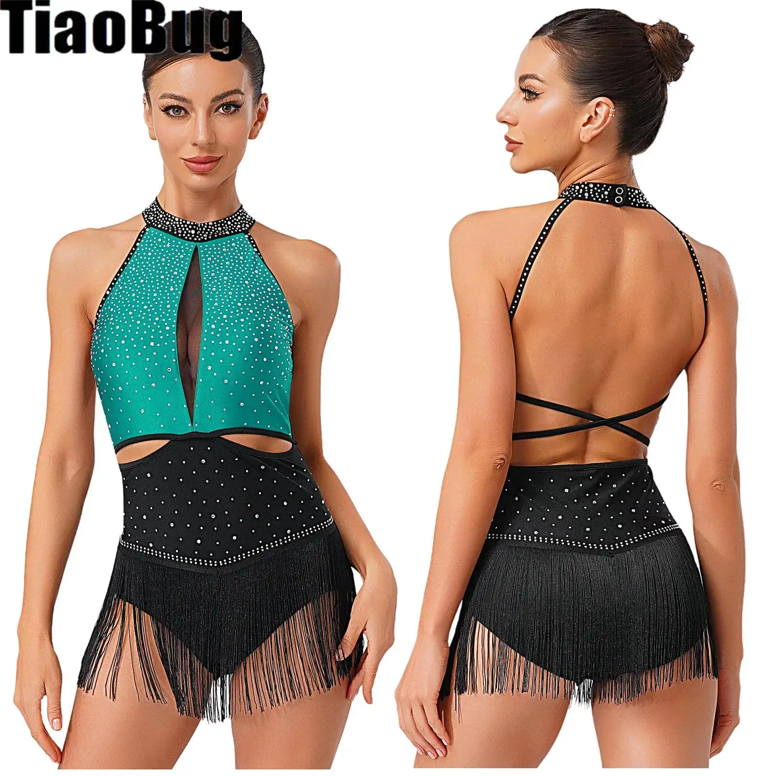 

Women Latin Dance Leotard Dress Rhinestones Tassel Skirt Backless Jazz Dance Bodysuit Gymnastic Skating Chacha Rumba Dance Wear
