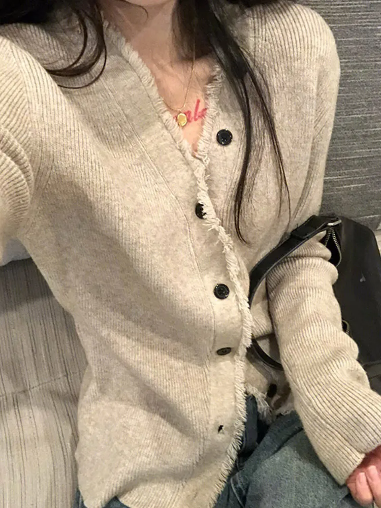 

Slim Fit V-Ne Knitted Long Sve Sweater Pure Color Open Cardigan Sli Autumn Faion Women's Knitwear Slimming Effect