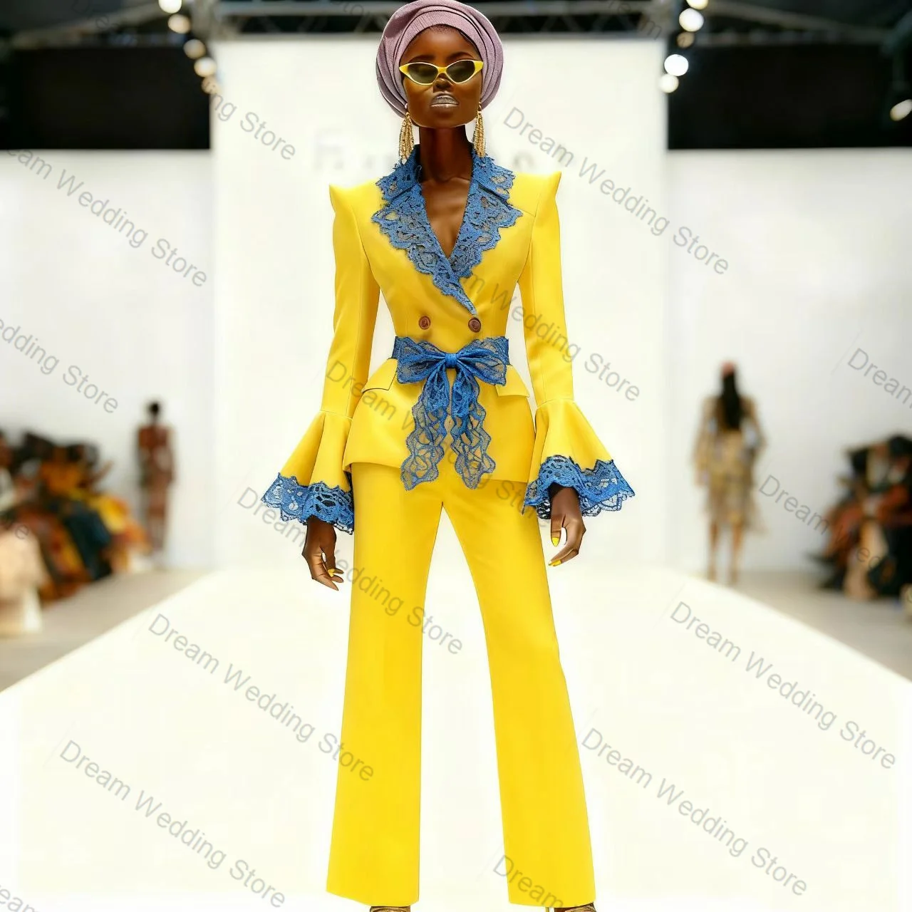 

Yellow Blue Lace Women Suit Set 2 Pcs Blazer+Pants Trousers Belted Formal Office Lady Jacket Customized Wedding Guest Coat