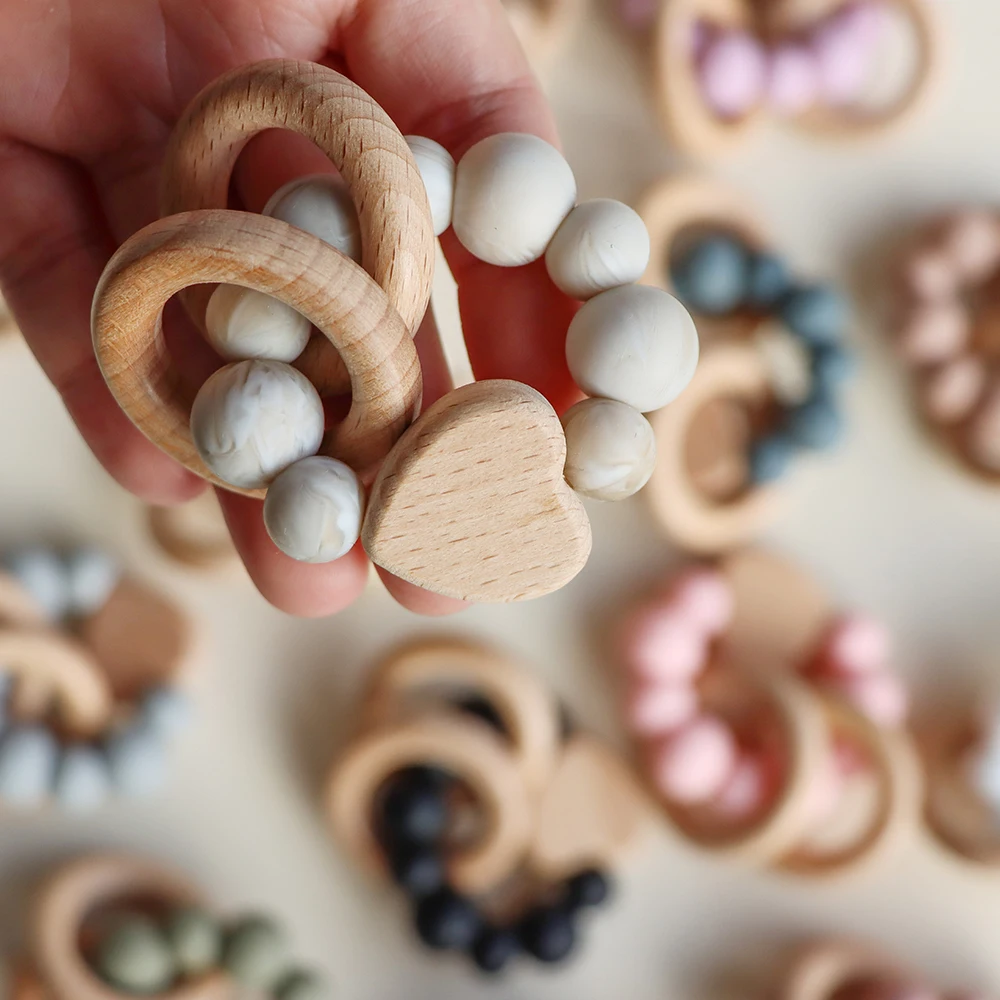 Food Grade Silicone Baby Wood Sensory Teething Chewing Beads Bite Ring Wooden Teether Toys Chew Necklace Autism for Anxiety Baby