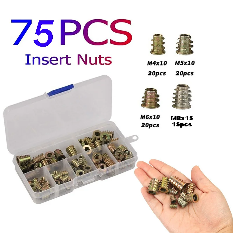 

75 шт. оцинкованные шестигранные торцевые гайки, резьбовые вставки, гайки, мебельные встроенные гайки, фланцевые шестигранные гайки для деревообработки M4 M5 M6 M8
