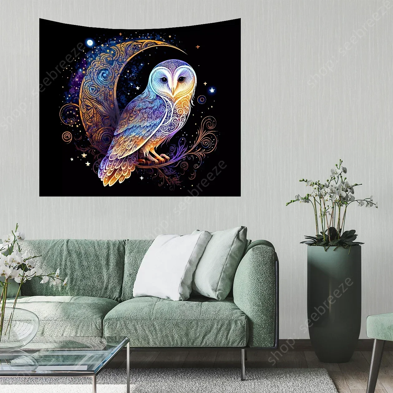 Lunar Owl Wall Tapestry Celestial Aesthetic, Moon Lovers Gift, Witch Wall Art, Ethereal Altar Cloth Trippy Room Decor Aesthetic