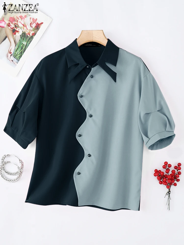 Camicie moda ZANZEA Donna Manica corta Patchwork di colore Tunica Top 2025 Bottoni estivi Collo con risvolto Camicetta casual Abbigliamento coreano
