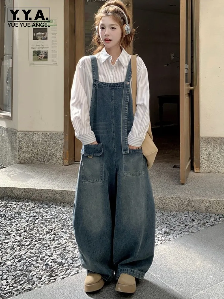 

High Street Casual Loose Fit Women Denim Jumpsuits Harajuku Casual Straps Overalls Preppy Style Female Wide Leg Cargo Rompers
