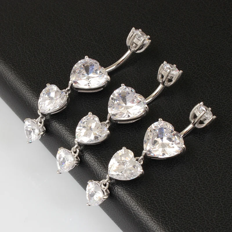 925 sterling silver navel ring heart body jewelry women dangle real pure silver S925 piercing jewelry 6 8 10 mm pin length