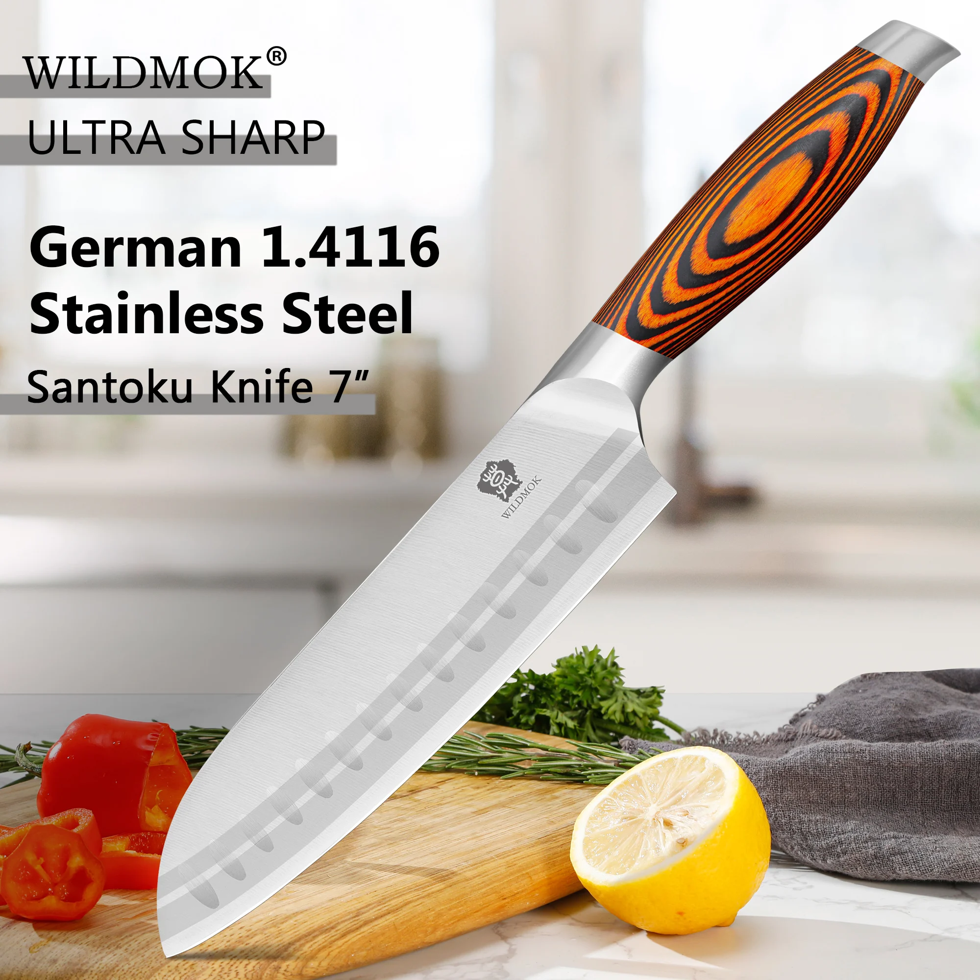 

WILDMOK 7” Santoku Knife with German Steel Razor Sharp Blade Multipurpose Use With Ergonomic Pakka Wood Handle