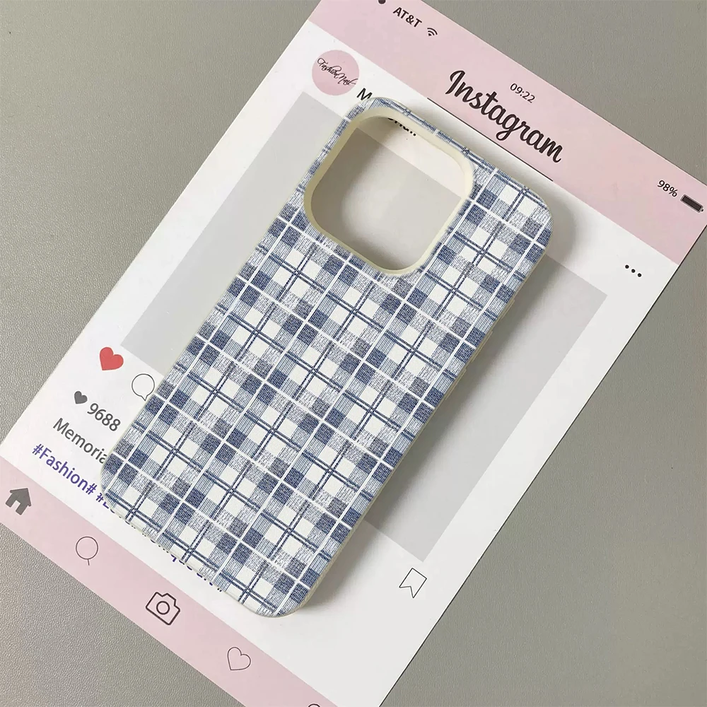 Blue White Plaid Lichee leather pattern Phone Case For Samsung S26 S25 S24 S23 S22 S21 S20 S10 Plus FE Ultra 4G 5G Shockproof