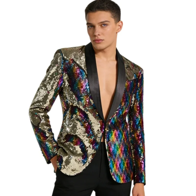 

Multi-color Sequins Men's Stylish Gold Blazer Nightclub Bar Stage Singer Costume Evening Party Host Magician Show Mirror Tuxedo