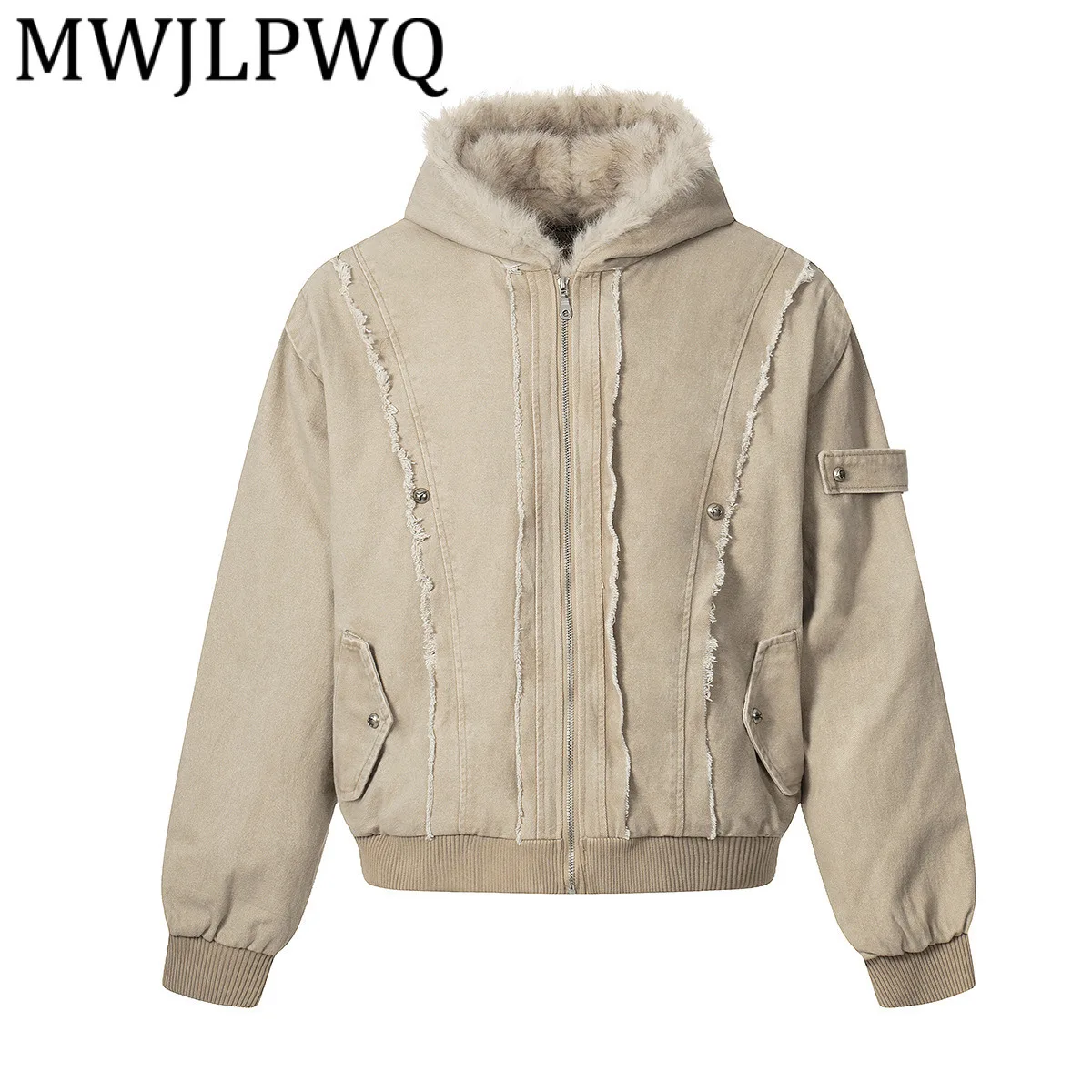 

MWJLPWQ Men's Warm Rough Edge Fleece Cotton Coat High Street Washed Frayed Long Sleeve Loose Hooded Tops 2025 New Winter 21735